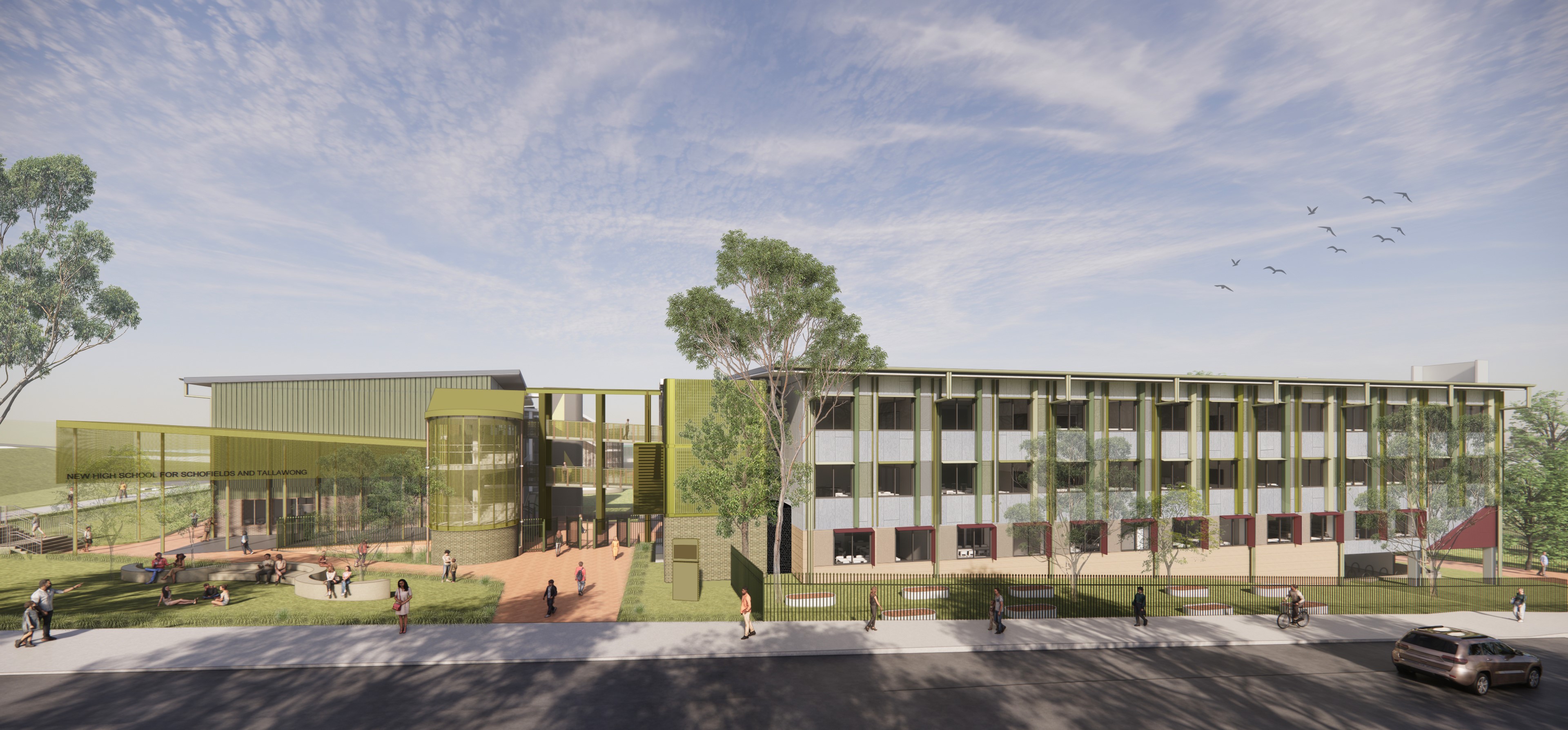 Architectural render of the new Tallawong High School showing a multi-level campus with green and olive facade panels, courtyard, and students in the grounds